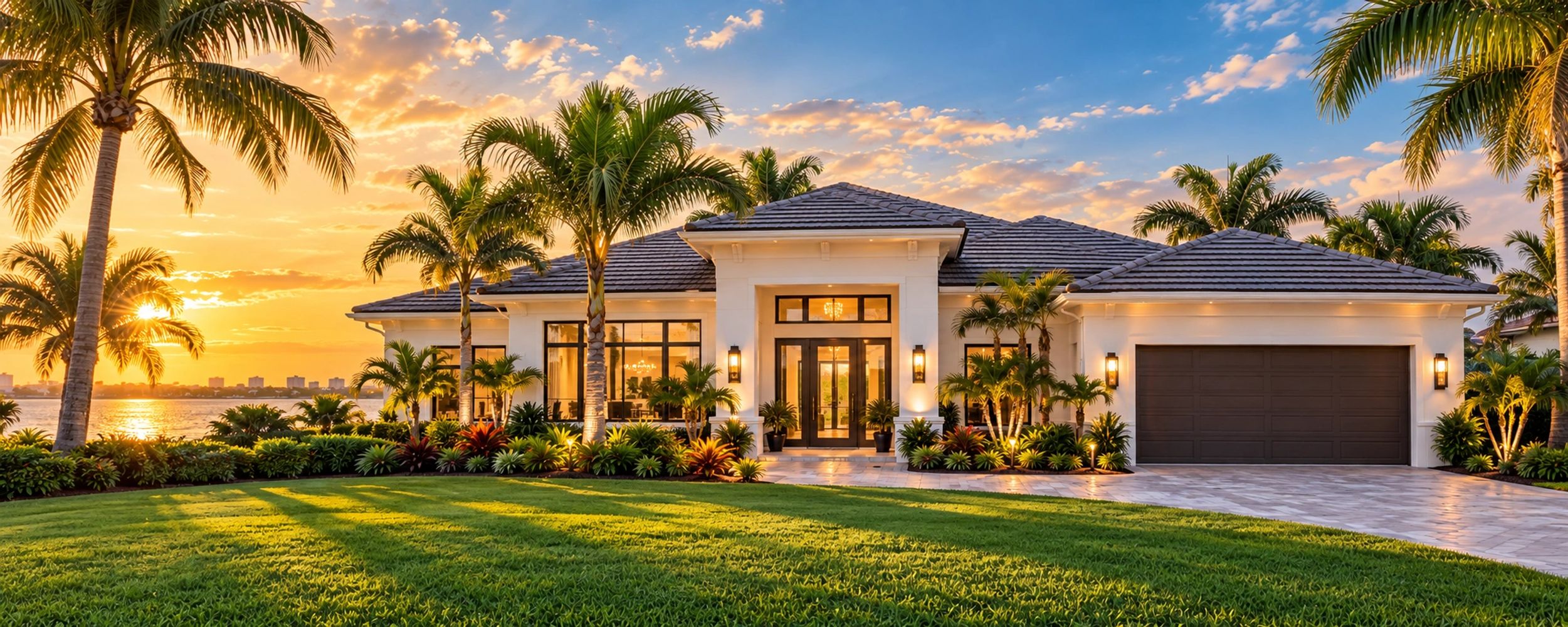 Florida coastal home with palm trees at sunset