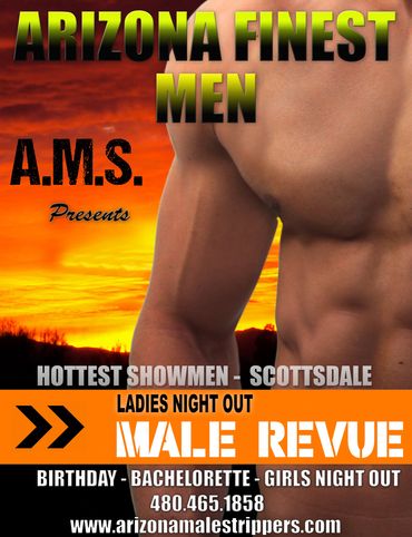 Arizona Male Strippers. Scottsdale bachelorette. Banner, shirtless man in front of landscape sunset