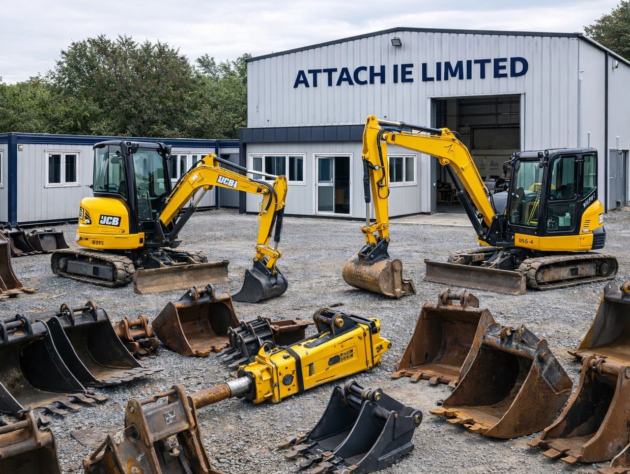 Two yellow excavators and various attachment buckets outside a building.