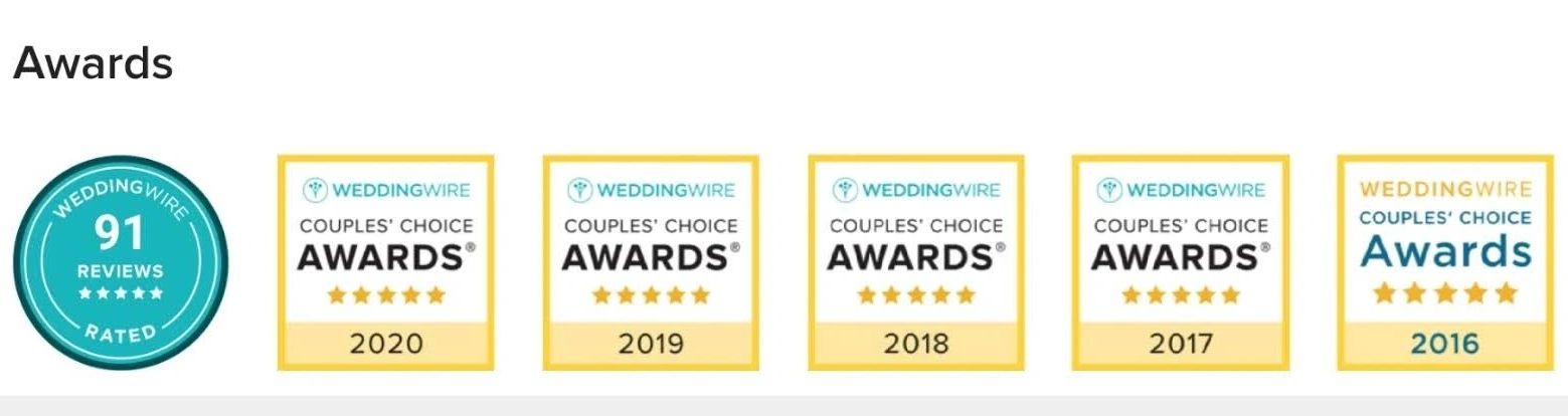 5 years in a row of Weddingwire Couples Choice awards