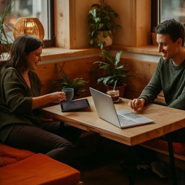 Two people enjoying coffee and working on digital devices in a cozy café.