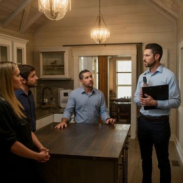 A group of people listening to a man speaking in a well-lit kitchen.