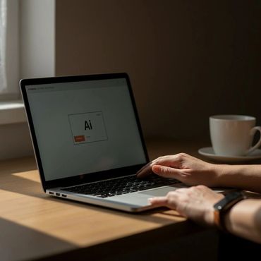 Person using a laptop showing an AI interface with a coffee cup nearby.