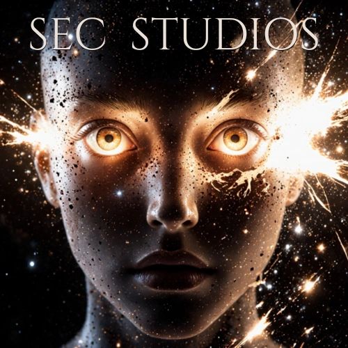 Surreal cosmic face with glowing eyes and exploding stars, labeled SEC STUDIOS.