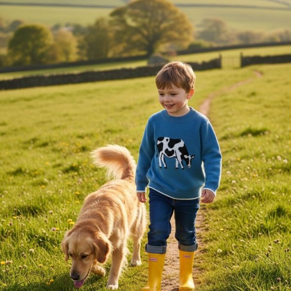 A boy walking with a golden retriever in a grassy field.