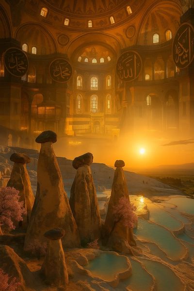 "Symbolic collage of Turkey’s landmarks featuring fairy chimneys of Cappadocia, travertine terraces of Pamukkale, and Hagia Sophia interior at sunset."