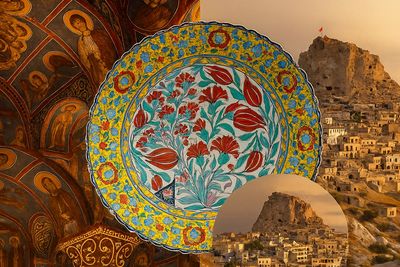 “Cappadocia Red Tour Dark Church frescoes, a traditional Turkish ceramic plate from Avanos,
