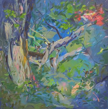 Fallow Deer by a Tree (South Weald) by Lucia Hardy