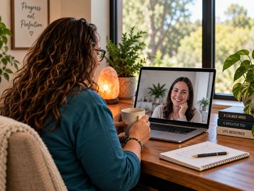 Woman video chatting on laptop while holding a mug.