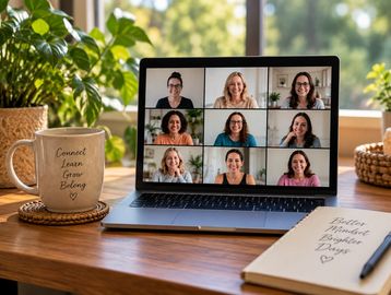 Laptop showing a video conference with nine women.
