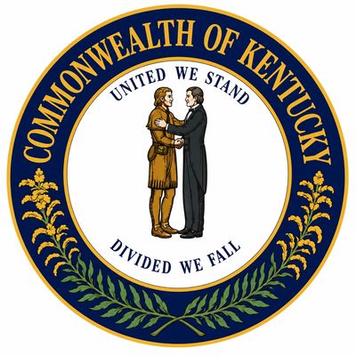Seal of Kentucky with two men shaking hands and motto.