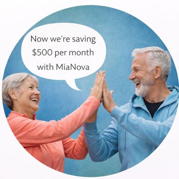 Happy elderly couple saving $500 monthly with MiaNova, celebrating success.