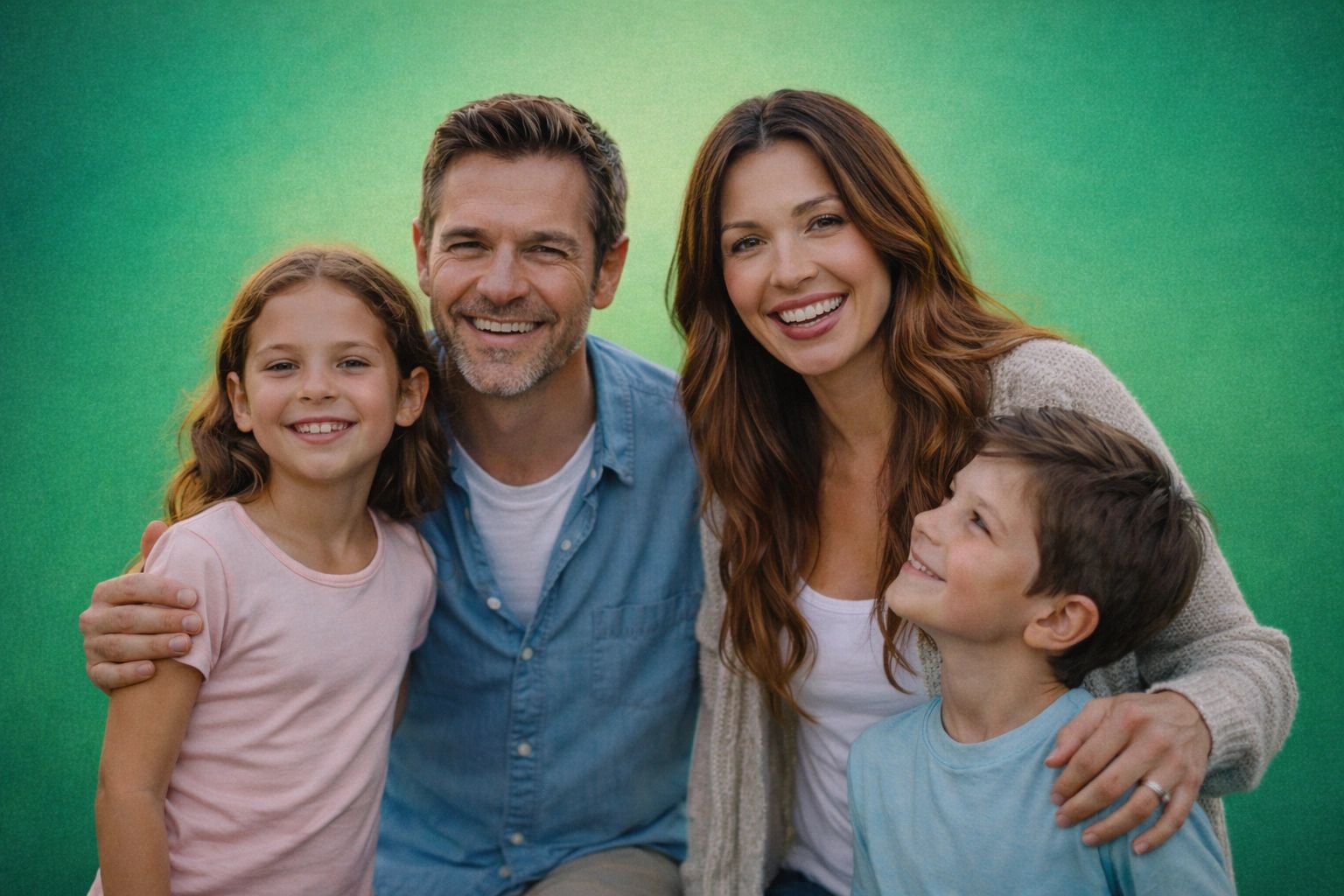Happy family of four smiling together against a green background.