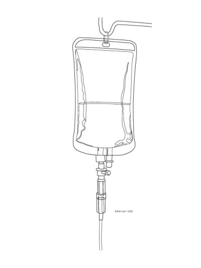 Line drawing of an IV drip bag.