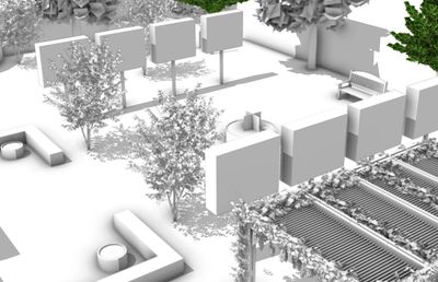 3D architectural model of a garden with trees, benches, and pergola.
