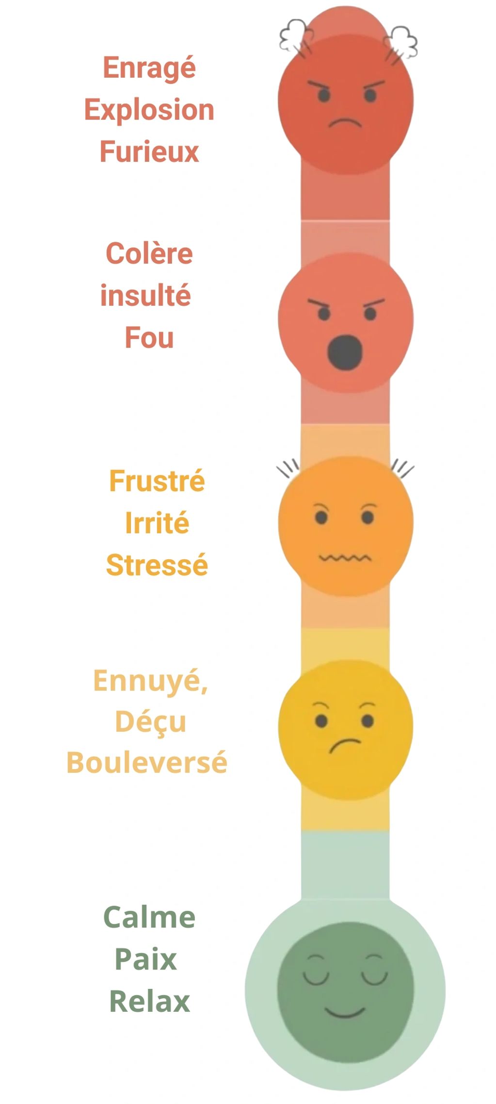 Échelle d'émotions du calme à la colère avec visages illustrés et mots en français.