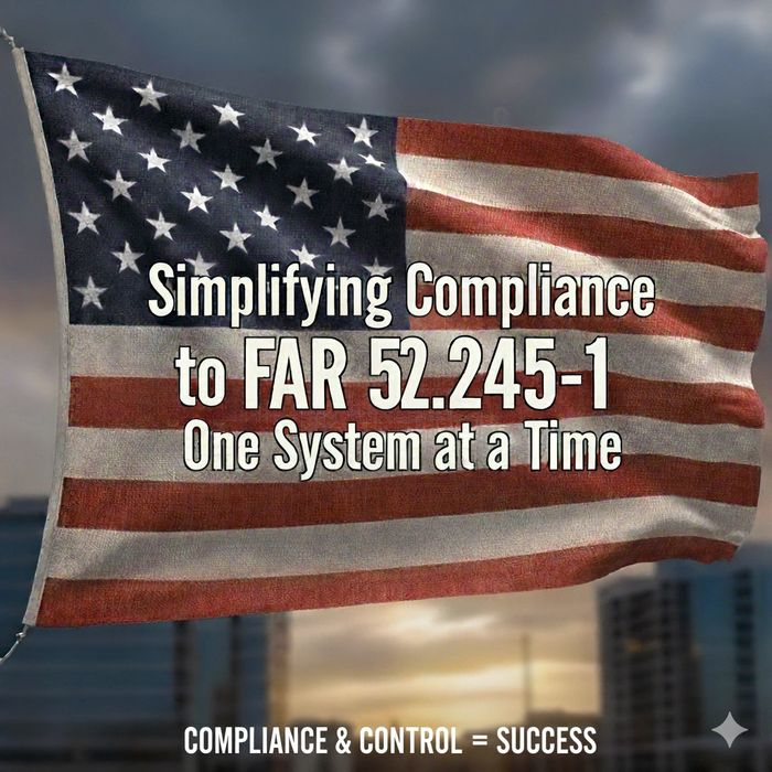 American flag with text about simplifying FAR 52.245-1 compliance.