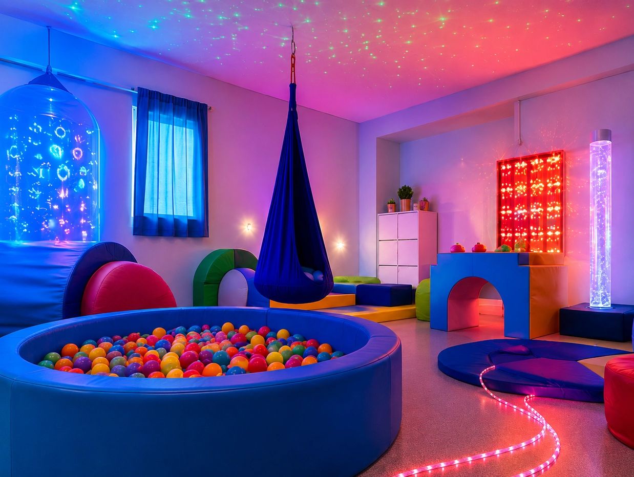 Colorful sensory room with ball pit and hanging swing.