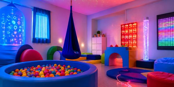 Colorful sensory room with ball pit and hanging swing.