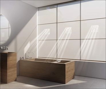 Minimalist bathroom with wooden bathtub and natural light beams.