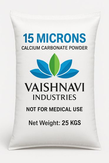 Bag of 15 microns calcium carbonate powder from Vaishnavi Industries, 25 kg.