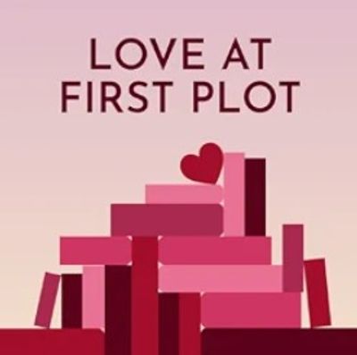 Books stacked with a heart and the phrase 'Love at First Plot'.