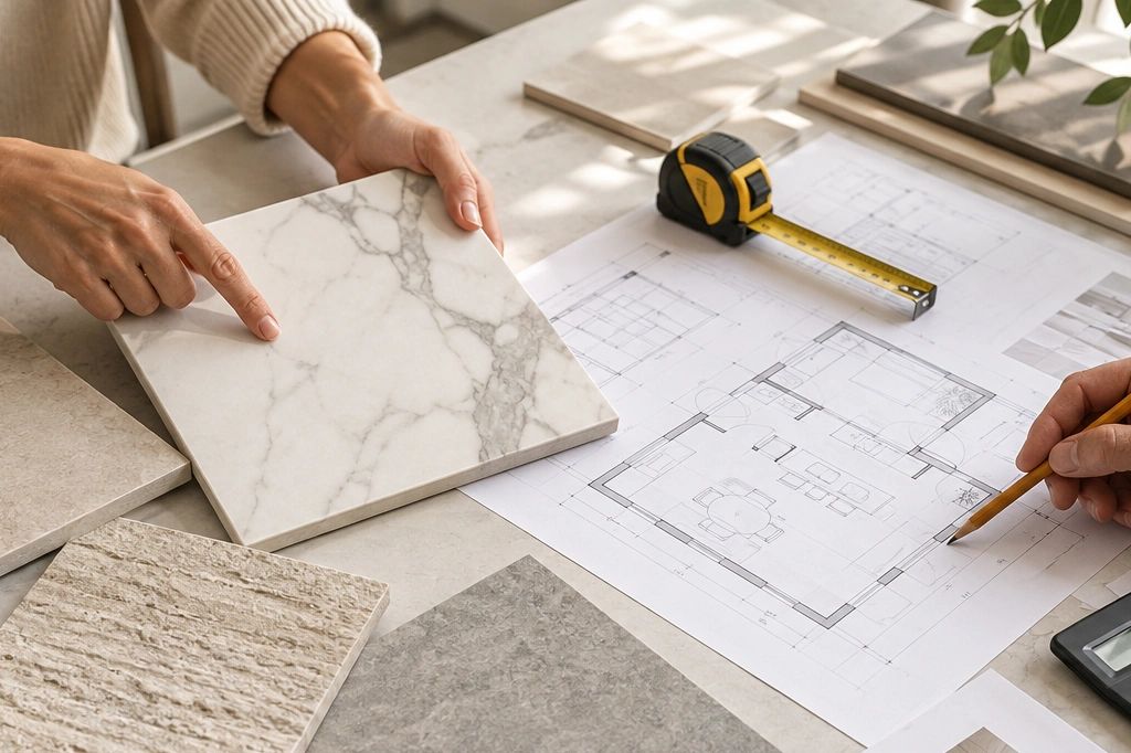 Tile samples, project plans and measurements prepared for a personalized material quote.
