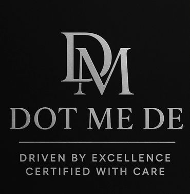 Elegant logo for Dot Me De with a silver emblem and tagline on black.
