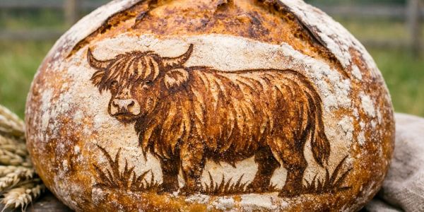 Rustic bread with detailed cow art baked on its crust.