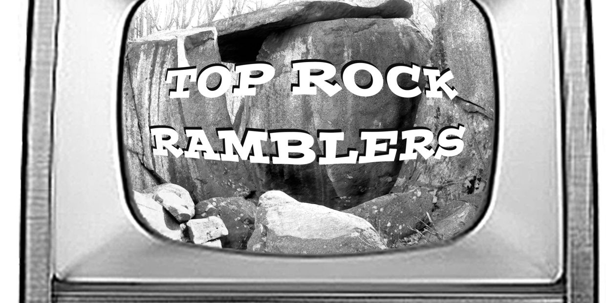 Black and white image with "TOP ROCK RAMBLERS" text over rocks on a TV screen.