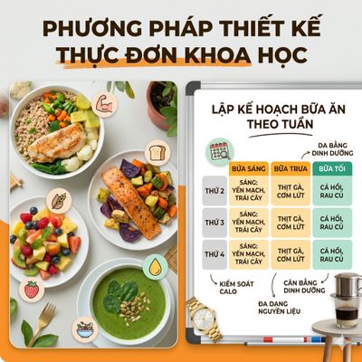 Scientific meal planning method with healthy dishes and weekly schedule.
