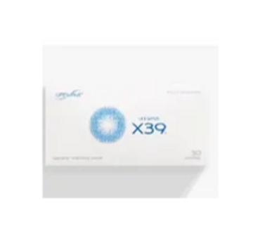 Box of X39 patches with a blue circular design on white background.