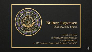 Elegant black and gold business card for CEO Britney Jorgensen with Verdant Vitals logo.