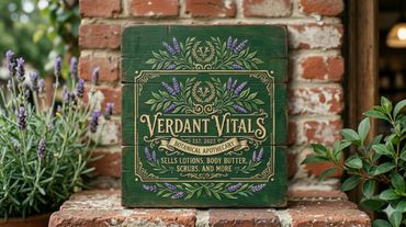 Rustic wooden sign for Verdant Vitals apothecary with floral designs.