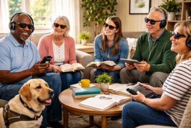 Group of vision impaired with guide dog enjoying talking book club