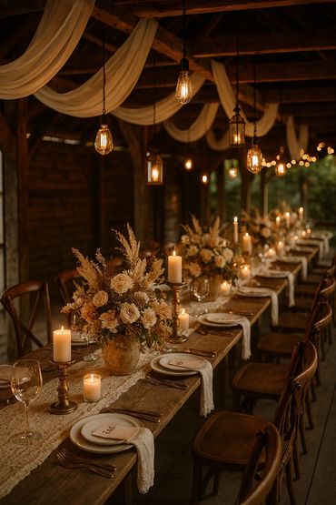 Rustic wedding reception table with warm candlelight and floral arrangements.