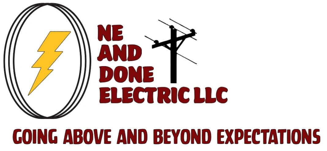 Logo of NE and Done Electric LLC with a lightning bolt and power pole.