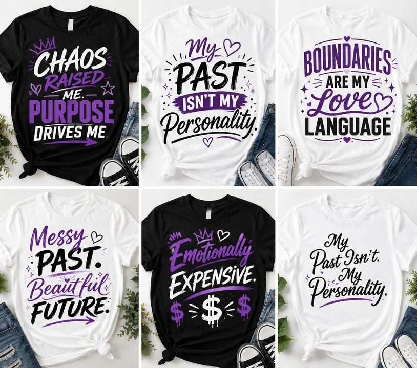 Six motivational quote t-shirts with purple, black and white designs.