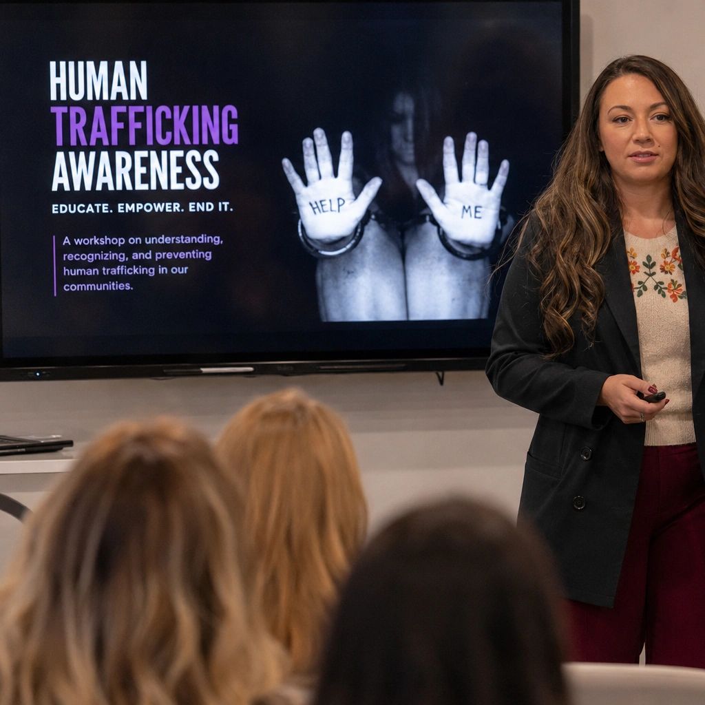 Woman giving a human trafficking awareness presentation.