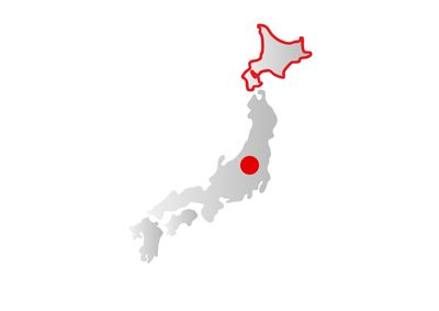 The island of Hokkaido highlighted on a map of Japan