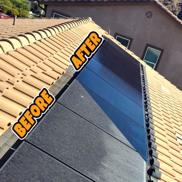 Solar panels installed on a tiled roof, showing before and after.