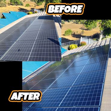 Before and after cleaning of solar panels on a roof.