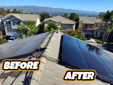 Solar panels before and after cleaning on a roof.