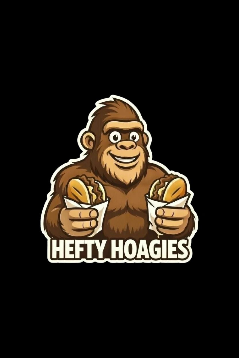 Gorilla mascot holding two hoagies with 'Hefty Hoagies' text.