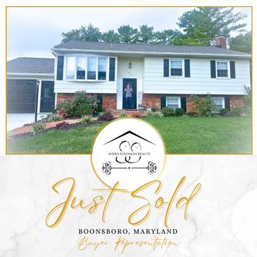 A newly sold house in Boonsboro, Maryland with a happy homeowner at the door.