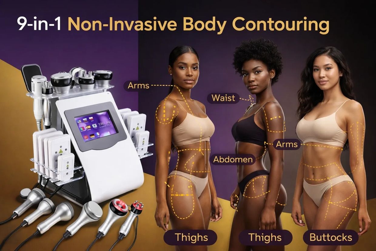 Non-invasive body contouring machine with highlighted treatment areas on diverse models,