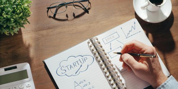 Person planning a startup with sketches, coffee, and glasses on a wooden desk.
