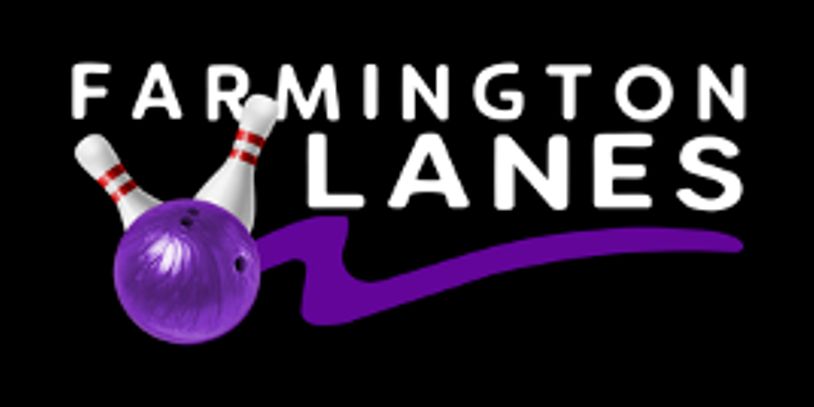 Farmington Lanes bowling logo with pins and purple ball.