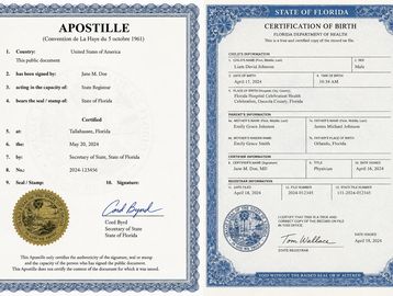 Apostille and birth certificate from Florida for Liam David Johnson.