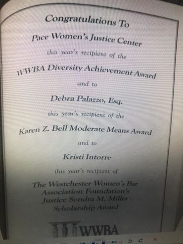Debra Palazzo awarded the Karen Bell Moderate Means Award by the Westchester Women's Bar Association